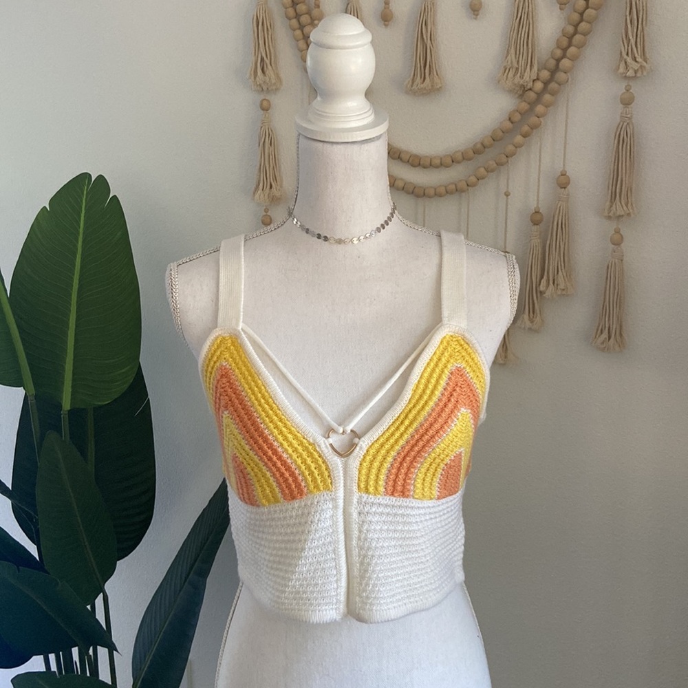 Madden NYC rainbow crochet knit crop top bra white yellow orange gold medium
